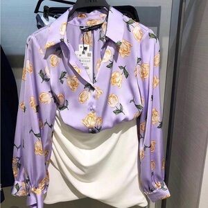 Zara Floral Lavender Satin Blouse Size Medium